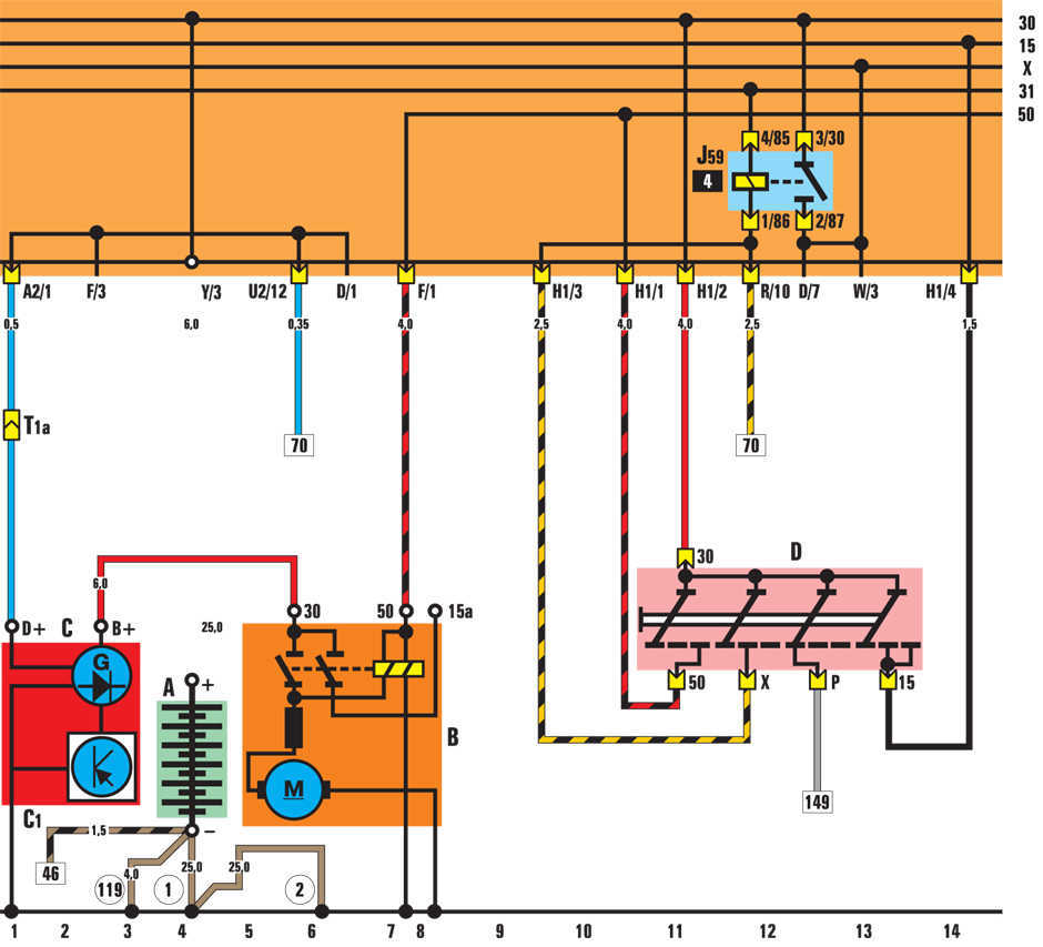 схема зарядки аккумулятора от генератора фольксваген